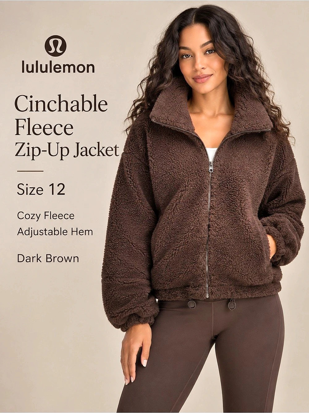 Lululemon Cinchable Fleece Zip-Up Jacket Dark Brown Size 12